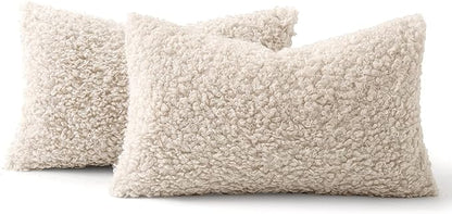 MIULEE Pack of 2 Lumbar Faux Fur Throw Pillow Covers 12x20 Inch Neutral Light Beige Boucle Decorative Sherpa Pillow Covers Fuzzy Accent Soft Sheepskin Fleece for Boho Home Decor Living Room Bed Chair