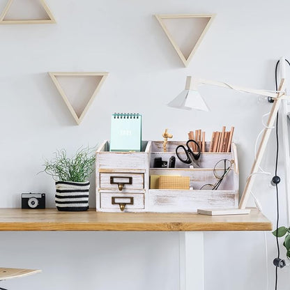 Distressed Rustic Wooden Office Desktop Organizer Shelf Tabletop Home Organizer Storage with Multiple Compartments 2 Tier Drawers perfect Jewelry storage Display Box for Desk Vanity (Washed white)