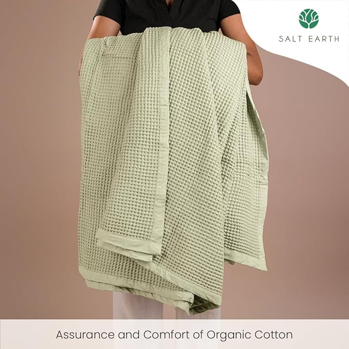 Salt Earth GOTS Certified 100% Organic Cotton Throw Blanket, 55"x60" Waffle Blankets & Throws for Bed, Throw Blanket for Couch, Cozy Christmas Blankets and Throws for Christmas Gifts (Sea Foam)
