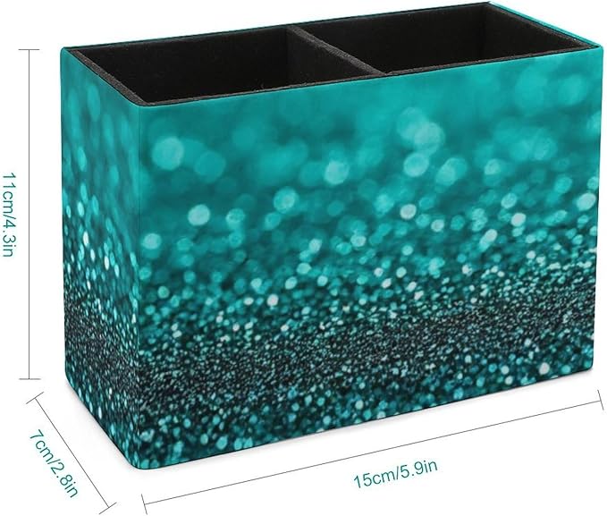 Fashion Desk Pen Holder PU Leather Desk Organize Decor, Makeup Brush Storage Teal Turquoise Green Glitter Sparkle Texture