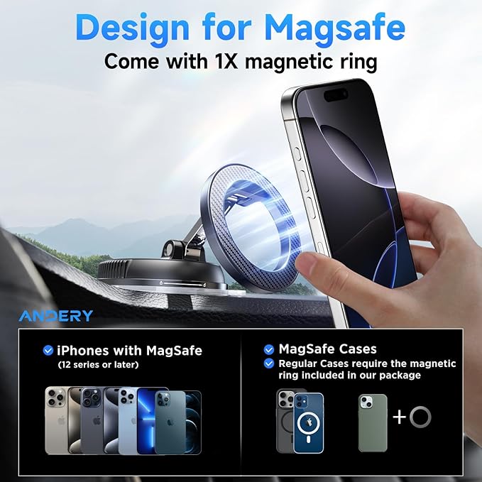 ANDERY Car Phone Holder for Magsafe [78+LBS Strongest Suction & 2400gf Magnetic] 360° Adjustable Car Phone Mount, Phone Holders for Your Car for iPhone 17 Pro Max 16 15 14 13 12 Air Plus, Carbon Fiber
