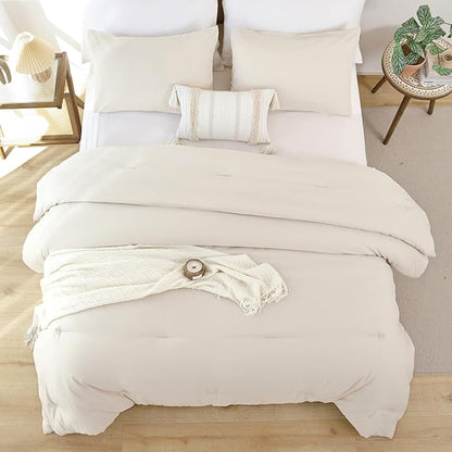 ROSGONIA King Size Comforter Set Beige, 3pcs (1 Boho Comforter & 2 Pillowcases) All Season Bedding Soft Lightweight Bedspread Cozy Blanket Quilt