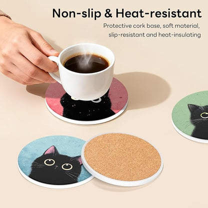 6-Piece Ceramic Coaster Set with Tray Diameter: 3.94 in Thickened Absorbent Material Heat-Resistant and Water-Absorbent Coaster Set Suitable for All Types of Cups， Black Cats