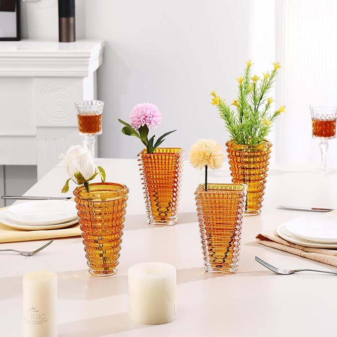 MCMCNCUIU Crystal Flower Vase Set of 4, Glass Vases for Centerpieces, Amber Vases for Flowers, Small Vase for Living Room, Bedroom, Kitchen, Office, Wedding