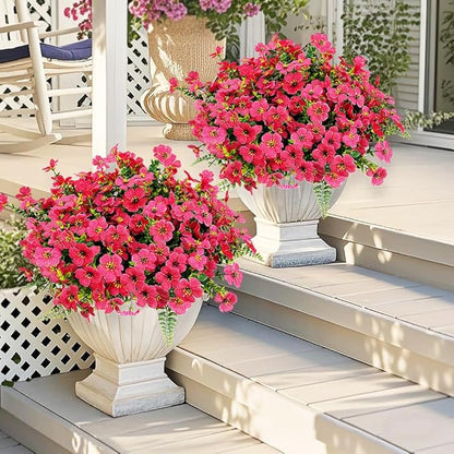 Artificial Faux Plants Flowers Outdoor Decoration,16 Bundles Fake Silk Colorful Daisy Eucalyptus Realistic UV Resistant for Outside Home Planter Porch Patio Yard Decor (Red)