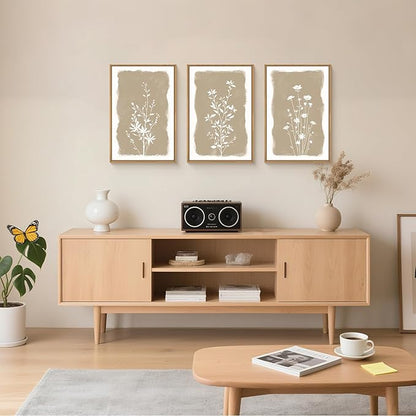 Aryroi Large Boho Wildflowers Framed Canvas Wall Art Set,Minimalist Neutral Floral Wall Decor,Vintage Natural Beige Flower Artwork,Modern Botanical Art Print For Living Room,Bedroom,Office-16 x24 x3