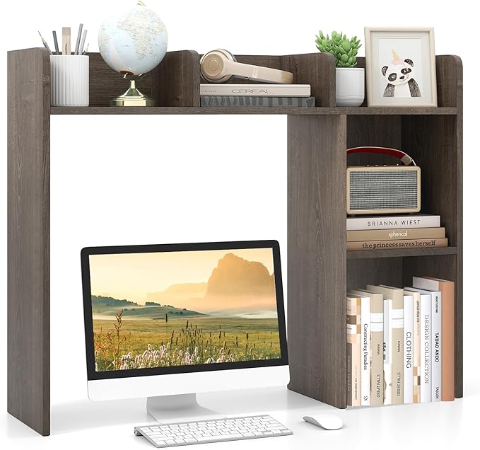 Desktop Bookshelf, 3-Tier Wood Countertop Bookcase with 5 Shelves, Desk Hutch for College Dorm, Multipurpose Desk Organizer Shelf Display Rack for Home Office, Hutch Top Only