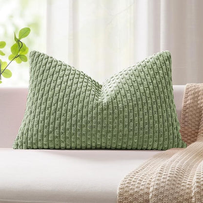 Kevin Textile Spring 14x20 Inch Pillow Cover 1 Pack Boho Decorative Soft Striped Corduroy Lumbar Farmhouse Solid Color Accent Rectangle Cushion Case for Living Room Couch Sofa Bed, Sage Green
