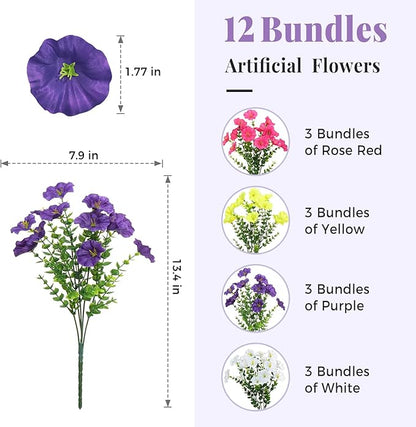Spring Summer Mix Color Artificial Morning Glory, 12 Bundles Artificial Flowers for Outdoors Decorations UV Resistant Realistic Silk Flowers for Patio Home Decor Garden Planter Window Box Yard
