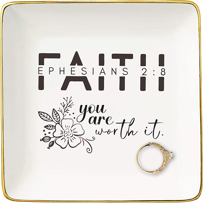 Affirmation Positive Birthday Christmas Gift for Woman,Girl,Inspirational Christian Scripture Religious Bible Verse Reminder Gift,Faith,You Worth It-Encouraging Jewelry Tray Trinket Holder Ring Dish