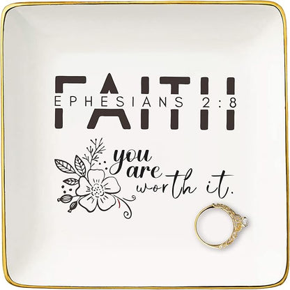 Affirmation Positive Birthday Christmas Gift for Woman,Girl,Inspirational Christian Scripture Religious Bible Verse Reminder Gift,Faith,You Worth It-Encouraging Jewelry Tray Trinket Holder Ring Dish