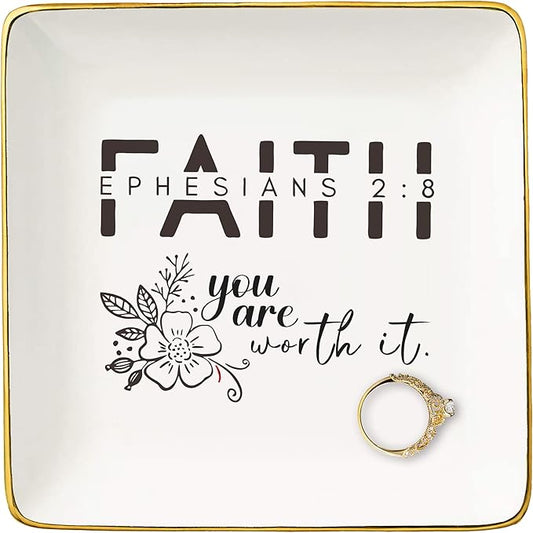 Affirmation Positive Birthday Christmas Gift for Woman,Girl,Inspirational Christian Scripture Religious Bible Verse Reminder Gift,Faith,You Worth It-Encouraging Jewelry Tray Trinket Holder Ring Dish