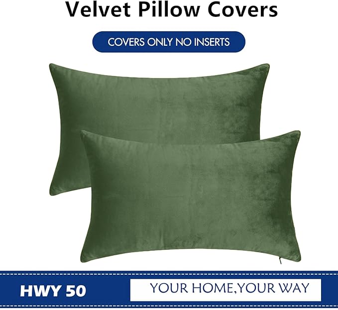 HWY 50 Moss Green Velvet Rectangular Throw Pillow Covers 12x20 Inch, Pack of 2 Soft Cozy Solid Decorative Luxury Cushion Cases for Couch Sofa Bed Living Room Bedroom