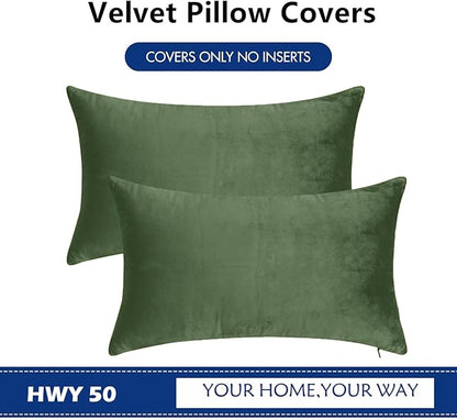 HWY 50 Moss Green Velvet Rectangular Throw Pillow Covers 12x20 Inch, Pack of 2 Soft Cozy Solid Decorative Luxury Cushion Cases for Couch Sofa Bed Living Room Bedroom