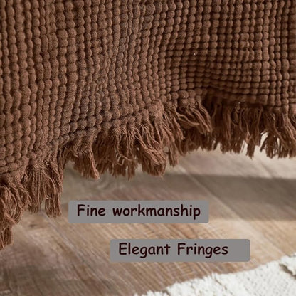 100% Cotton 4-Layer Muslin Blanket with Fringes, 50"x60", Brown Throw Blanket, Ultra-Soft Gauze Blanket, Boho Bedding for All Seasons, Breathable for Couch, Bed(Brown,Throw)