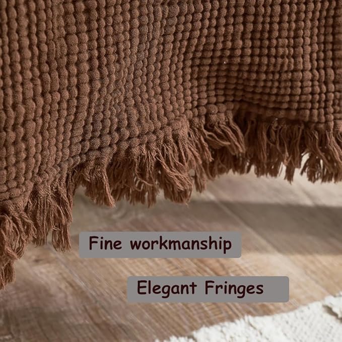 100% Cotton 4-Layer Muslin Blanket with Fringes, 80"x90", Brown Bed Blanket, Ultra-Soft Gauze Boho Bedding for All Seasons, Breathable for Couch, Bed(Brown,Queen)