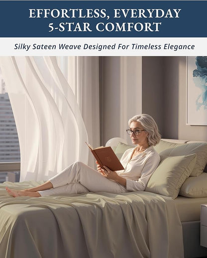 100% Egyptian Cotton Queen Size Sheets – 15" Deep Pocket Queen Sheet Set, Silky Sateen Weave for Winter Comfort, Breathable & Fade Resistant, Ultra-Soft Luxury Bedding for Holiday Home Décor - Linen