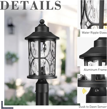 zeyu Pillar Light Outdoor, 16.9 Inch Dusk to Dawn Outdoor Light Fixture Post with Photocell Sensor, Exterior Post Lamp with Water Ripple Glass, ZX48MP PC WG BK