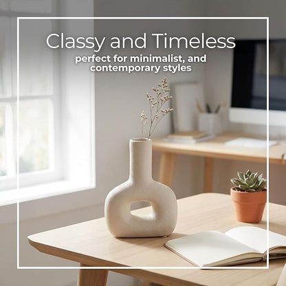 Decorative Flower Vase for Home Decor – Ceramic Modern Flower Vase With Open Cut Design, Stylish Table Centerpiece for Living Room or Entry Display, Modern for Faux Flowers and Greenery – 8", Ivory