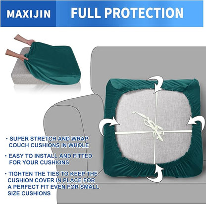 MAXIJIN Velvet Stretch Cushion Covers Couch Cushion Slipcovers Loveseat Sofa Cushion Covers for Individual Cushions with Elastic Bottom (2 Piece Loveseat Cushion Covers, Blackish Green)