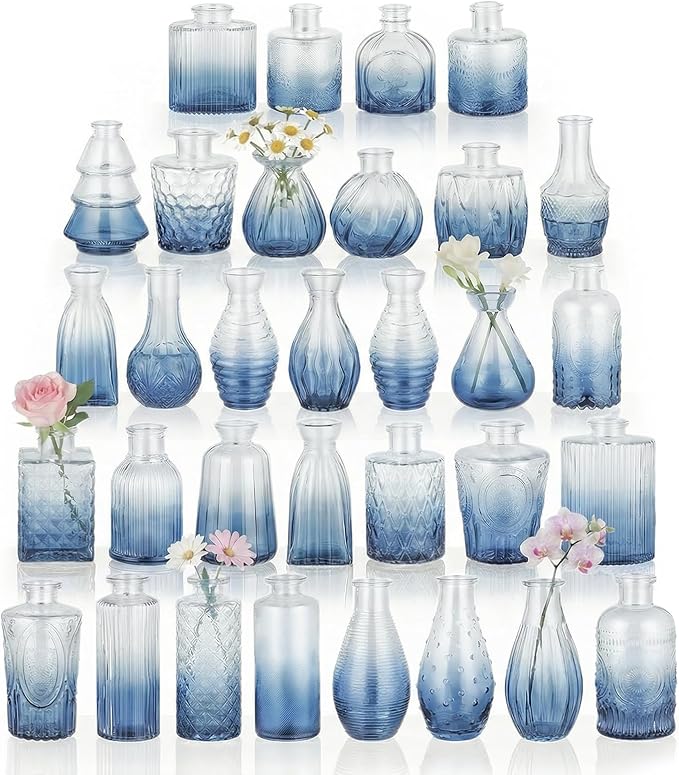 BEAHOT 32 Pack Bud Vase in Bulk,Mini Blue Vintage Glass Flower Vases for Centerpieces,Wedding Decor,Party & Home Decaration,Mother's Day (Blue-Gradient)