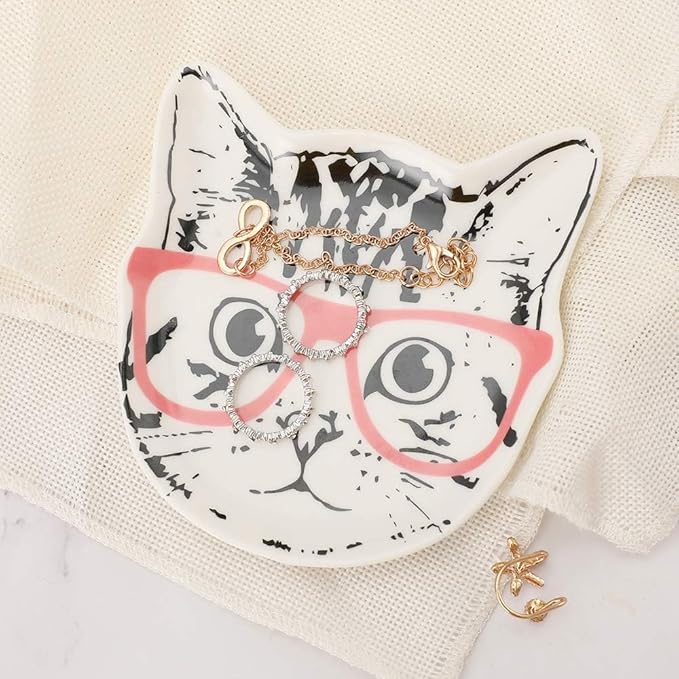 Stephanie Imports Cat with Pink Glasses Ceramic Trinket Plate and Decorative Jewelry Dish