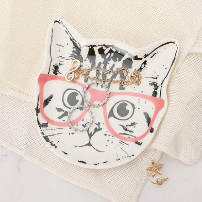 Stephanie Imports Cat with Pink Glasses Ceramic Trinket Plate and Decorative Jewelry Dish