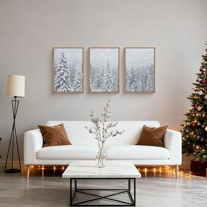 Winter Snow Covered Forest Framed Canvas Wall Art Set,Snowy Woodland Wall Decor,Wilderness Pine Tree Art Prints,Natural Botanical Landscape Artwork for Living Room, Bedroom,Farmhouse- 16"x24"x3