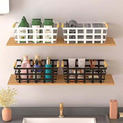 Large Metal Farmhouse Baskets,4 Packs Pantry Storage Baskets,Matte Black Food Organizer Storage Bin Basket with Wood Handles for Kitchen Cabinets Shelf Pantry