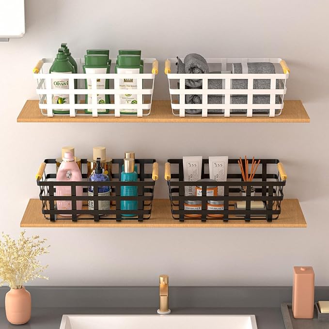 4 Pack Large Metal Storage Baskets, Farmhouse Baskets, Pantry Organizer Baskets with Wood Handle, Metal Baskets Bins for Kitchen Pantry Shelf Cabinets, White