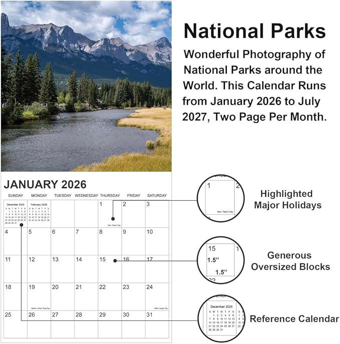2026 Calendar for Wall, National Parks Calendar 2026 from January 2026 - June 2027, 12" x 24" Opened 18 Months Calendar, Full Page Months Thick & Sturdy Paper for Gift Perfect Organizing & Planning