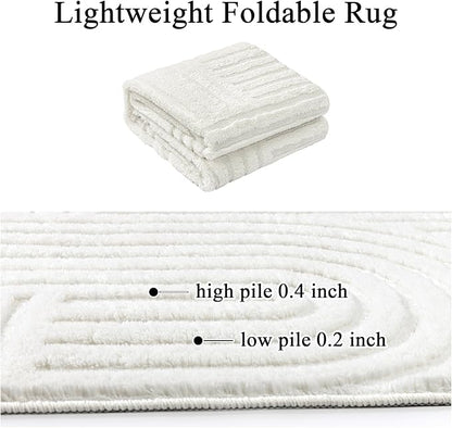 SHACOS Soft Cozy Fluffy Arch Pattern High Low Pile Area Rugs 3'x5' Non Slip Washable Scandinavian Minimalist Rug Modern Geometric Arc Carpet for Living Room Bedroom Dining Room, Cream White