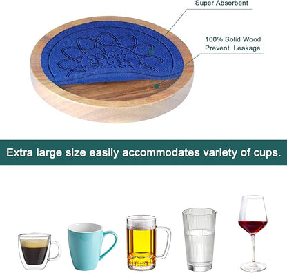 5 Pack Wood Coasters for Drinks, Minacun Absorbent Coaster Set, Drinks Coasters for Coffee Tabletop Protection, Non-Slip, Non-Stick, Suitable for Kinds of Cups Wooden Table Drink, 4.3 Inch Blue
