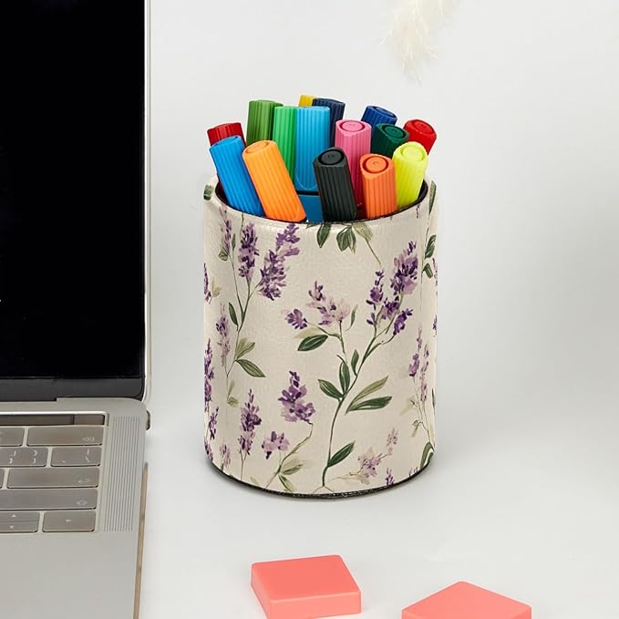 Round Pen Holder for Desk, Leather Pen Pencil Cup, Decorative Desk Stationery Supplies Organizer for Home Office Classroom, Cute Purple lavender and Sage Green Leaves on a Cream Background