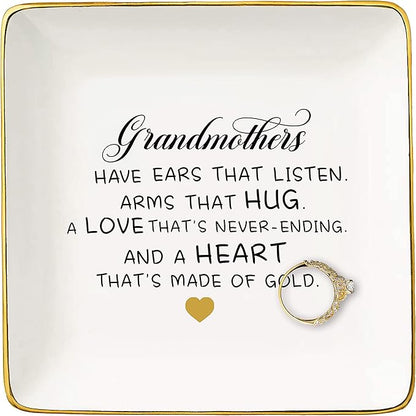 Mother's Day Gift for Grandma-Grandmother Gift-Grandmothers Have Ears That Listen Arms That Hug-Birthday Gift-Christmas Gift for Grandma Nana-Gigi Gift-Ceramic Jewelry Tray,Trinket Holder,Ring Dish