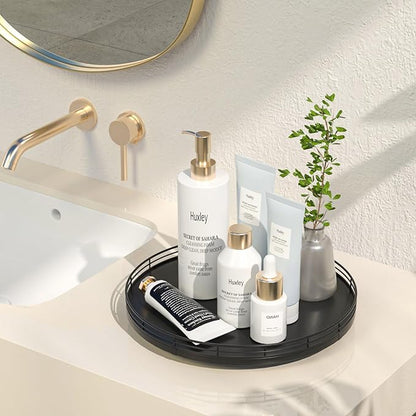 12" Oak Wood Bathroom Tray for Counter, Vanity Tray for Perfume Lotion Candle Makeup Jewelry Sink Soap Holder Turntable Dresser Organizer Countertop Coffee Table Decor Organization and Storage Black
