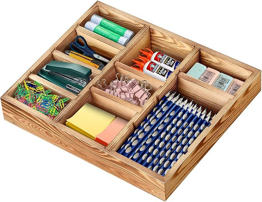 Desk Drawer Organizer Tray with 9 Adjustable Compartments, Wooden Office Desk Accessories Supplies Organization Storage for Desktop Bathroom Vanity Makeup 12" x 9" (Brown)
