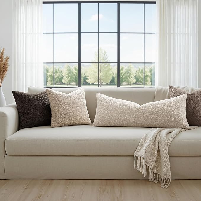 MIULEE Textured Boucle Throw Pillow Cover Beige Accent Solid Lumbar Pillow Case Decorative Soft Pack of 1 Couch Cushion Chair Sofa Bedroom Livingroom Home Decor,36x14 Inch