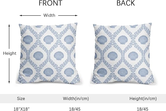 Light Blue Coastal Pillow Covers 18x18 Set of 2 Ocean Coral Shell Pattern Outdoor Decorative Linen Summer Throw Pillows Cases with Zipper Cushion Cover Rustic Decoration Farmhouse Sofa Couch Bed Decor