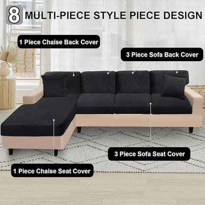 NAISI Sectional Couch Covers 8 Pieces Velvet Couch Cushion Covers L Shape Soft Stretch Sofa Slipcovers with 2pcs Pillowcases for Left/Right Chaise Sectional Couch(3 Seater+1 Chaise+4 Back,Black)