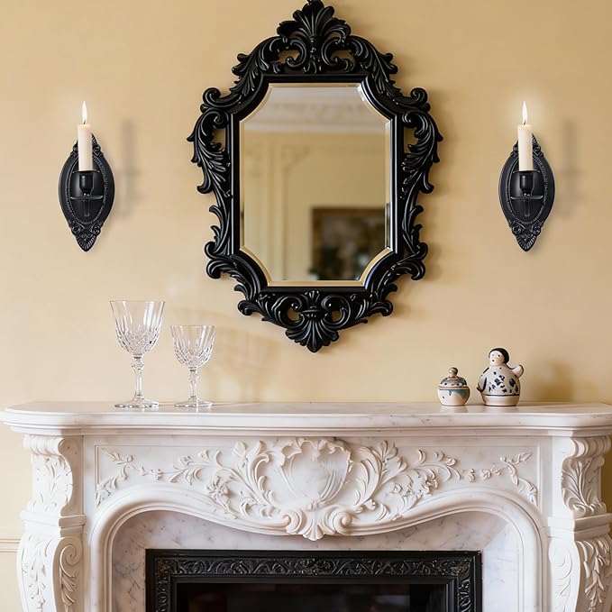 Black Candle Sconces Set of Two, Victorian Decor Royal Wall Sconce, Metal Rustic Candle Holder Baroque Home Wall Decor for Living Room, Dining Room, Bedroom, Fireplace, Hallway, Window
