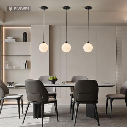 Mid Century Modern Chandelier, 1- Light Globe Glass Ceiling Hanging Chandelier, Black Pendant Light, White Spherical Blackout Bedside Lamp for Kitchen Island, Bedroom, Living Room, Dining Room