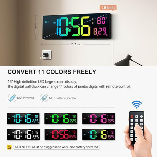 Digital Wall Clock 16", Wall Clocks with 11 RGB Colors, Alarm Clock with Night Lights, Large Digital Clock for Living Room Bedroom Office Classroom Decor, Auto DST, Temperature, Remote Control