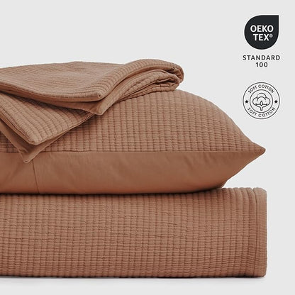 EVERGRACEHOME Cotton Gauze Full Queen Bedspread, Ultra Soft Prewashed Pick Stitch Matelassé Coverlet, Lightweight Oversized Queen Quilt Bedding Set for All Season, w/ 2 Shams, Terracotta Clay