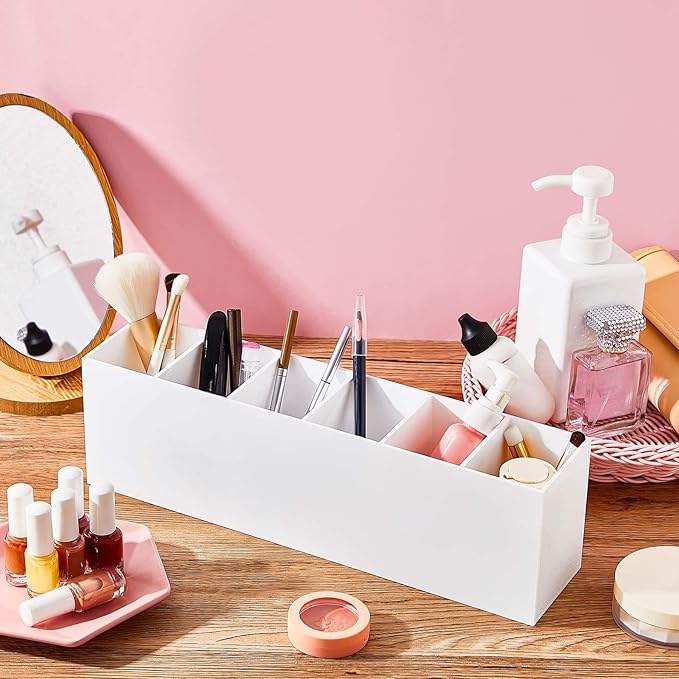 Jetec Acrylic Pen Holder 6 Compartments Makeup Brush Stationery Organizer Pencil Holder for Desk Accessories, Cosmetic Brushes, Dorm, Home, Bathroom, Kitchen, Office Supplies(White)