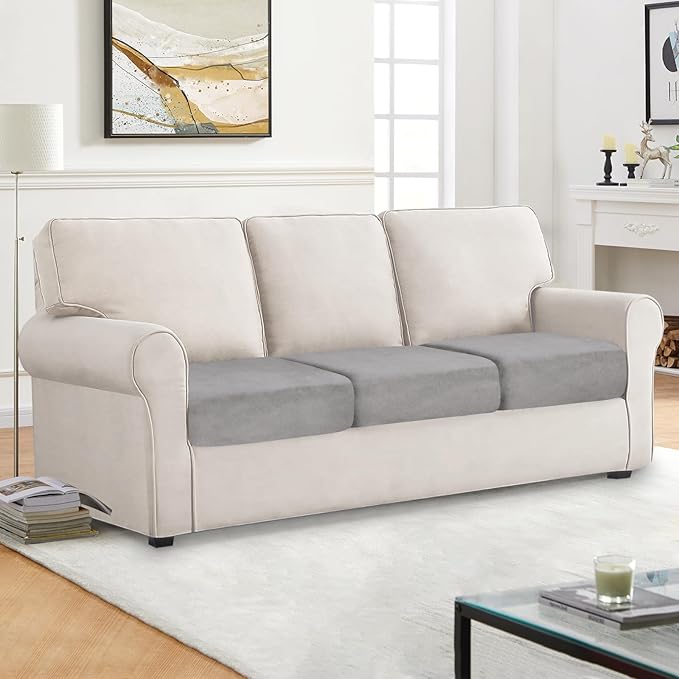 Couch Cushion Cover Velvet 3 Pieces Seat Cushion Cover Stretch Sofa Covers Separate Sectional Sofa Slipcovers Furniture Protector (3-Seater or Backrest, Light Grey)