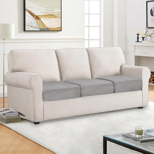 Couch Cushion Cover Velvet 3 Pieces Seat Cushion Cover Stretch Sofa Covers Separate Sectional Sofa Slipcovers Furniture Protector (3-Seater or Backrest, Light Grey)