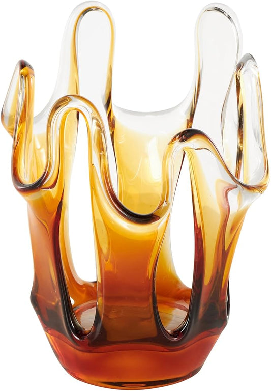 Deco 79 Glass Abstract Decorative Vase Ombre Centerpiece Vase with Wavy Oval Cutouts, Flower Vase for Home Decoration 9" x 8" x 12", Orange