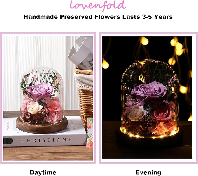 LOVENFOLD Flowers for Delivery Preserved Flowers lilac Roses with LED Light in a Glass Dome,Long Lasting Forever Flowers Birthday Gifts for Women Daughter Mom Wife Friend（lilac Rose）