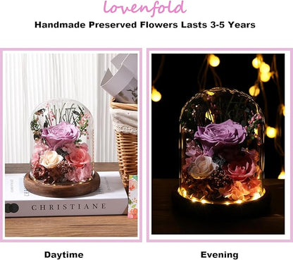 LOVENFOLD Flowers for Delivery Preserved Flowers lilac Roses with LED Light in a Glass Dome,Long Lasting Forever Flowers Birthday Gifts for Women Daughter Mom Wife Friend（lilac Rose）